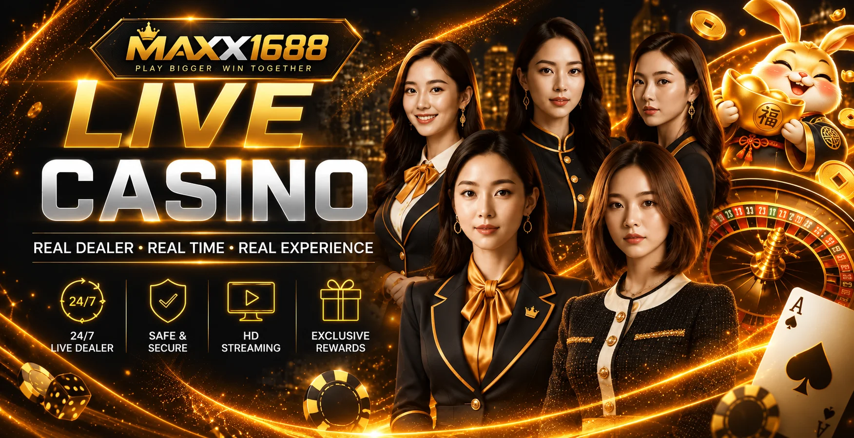 ภาพคาสิโนสด MAXX1688 พร้อมมาสคอตกระต่ายสีทอง